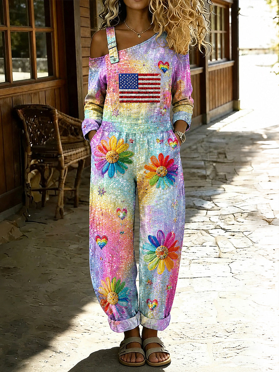 Women's Retro Pride Month Rainbow Art Print Washed Cotton Denim Patchwork Jumpsuit